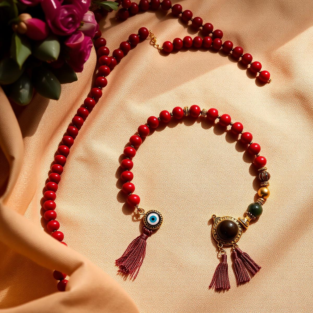 Flat lay of handmade prayer beads and bracelets