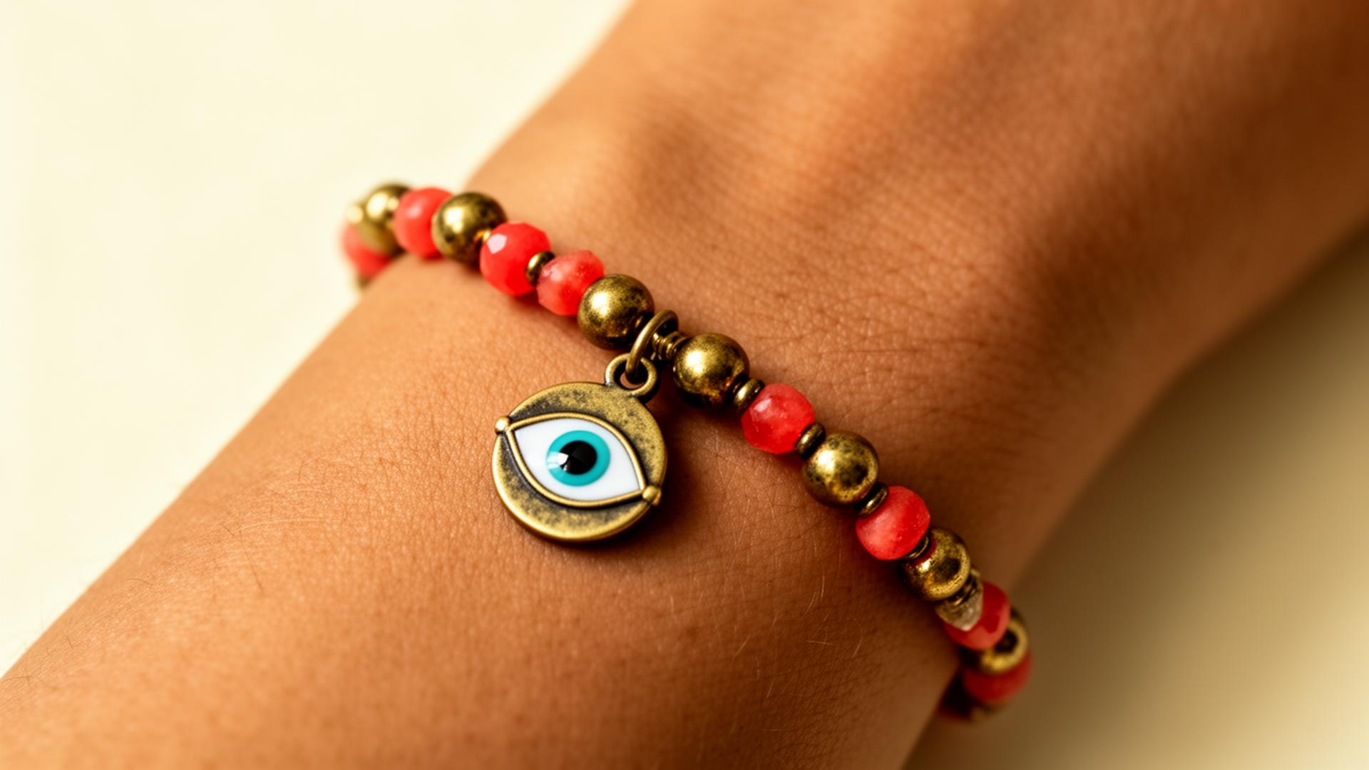 Handmade beaded bracelet with evil eye charm